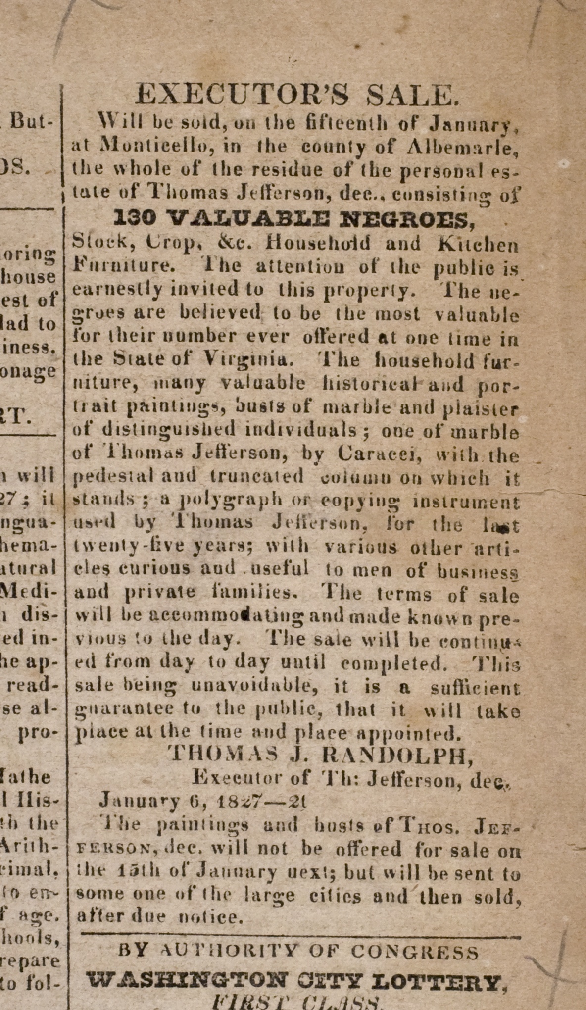 1826 Washington DC newspaper w AD for SALE of THOMAS JEFFERSON estate MONTICELLO 